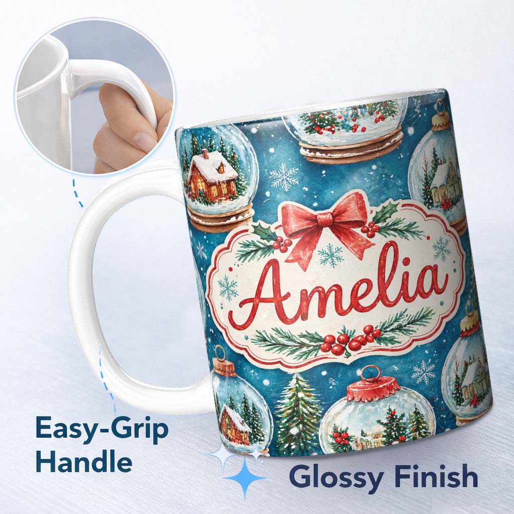 Personalized Custom Name Watercolor Christmas Snow Globe Winter Seamless Pattern Lovely 11oz Ceramic Coffee Tea Mug White Large Handle