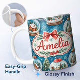 Personalized Custom Name Watercolor Christmas Snow Globe Winter Seamless Pattern Lovely 11oz Ceramic Coffee Tea Mug White Large Handle