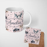 Personalized Custom Name Cute Watercolor Bats and Stars Seamless Pattern Blush Pink Lovely 11oz Ceramic Coffee Tea Mug White Large Handle