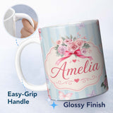 Personalized Custom Name Cute Watercolor Roses Bouquet with Red Ribbon Soft Blue Stripe 11oz Ceramic Coffee Tea Mug White Large Handle