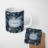 Personalized Custom Name Blue Floral Night Sky Botanical Stars Seamless Pattern Lovely 11oz Ceramic Coffee Tea Mug White Large Handle