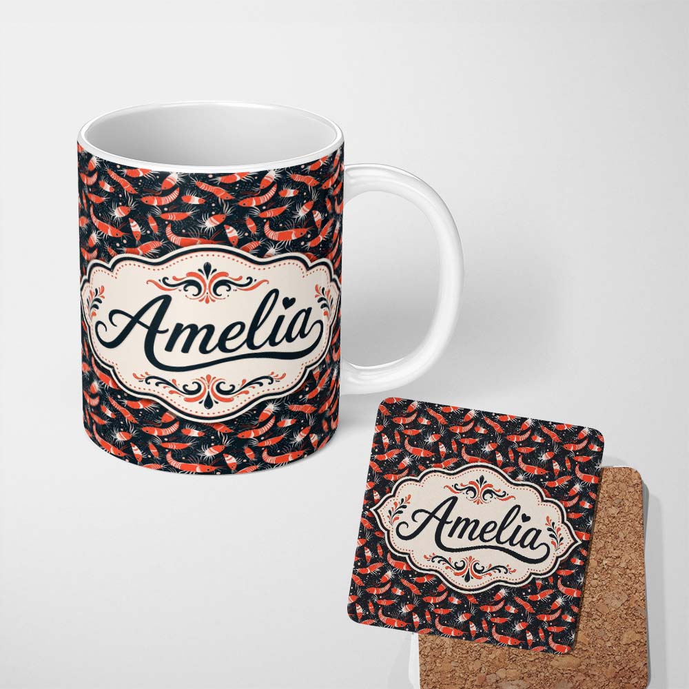 Personalized Custom Name Graphic Red Shrimp on Dark Ocean Background Seamless Pattern Lovely 11oz Ceramic Coffee Tea Mug White Large Handle