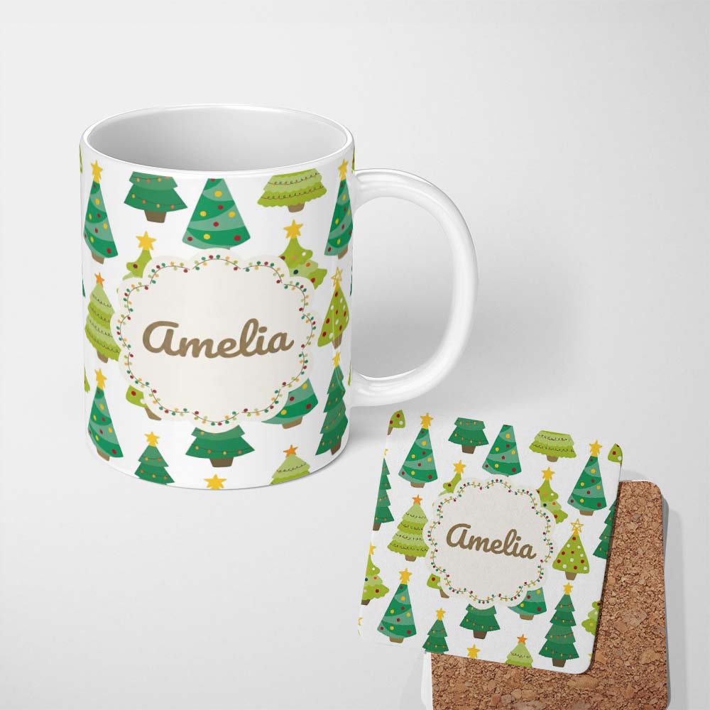 Personalized Custom Name Cute Decorated Christmas Trees with Stars on Soft Grey Background 11oz Ceramic Coffee Tea Mug White Large Handle