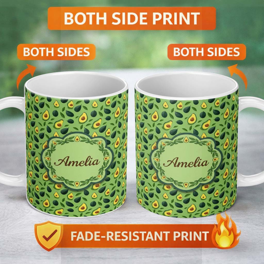 Personalized Custom Name Bright Green Avocado Minimal Pattern Charming Kitchen Decor Lovely 11oz Ceramic Coffee Tea Mug White Large Handle