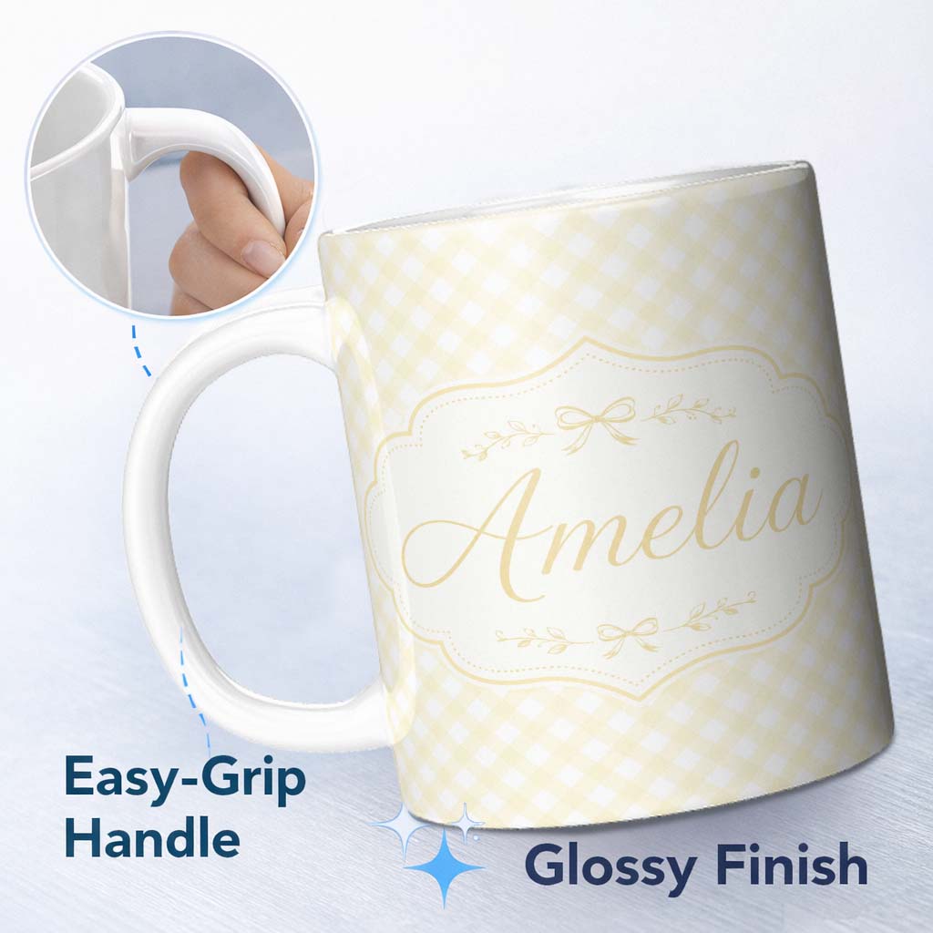 Personalized Custom Name Soft Yellow Gingham Check Picnic Style Seamless Pattern Lovely 11oz Ceramic Coffee Tea Mug White Large Handle