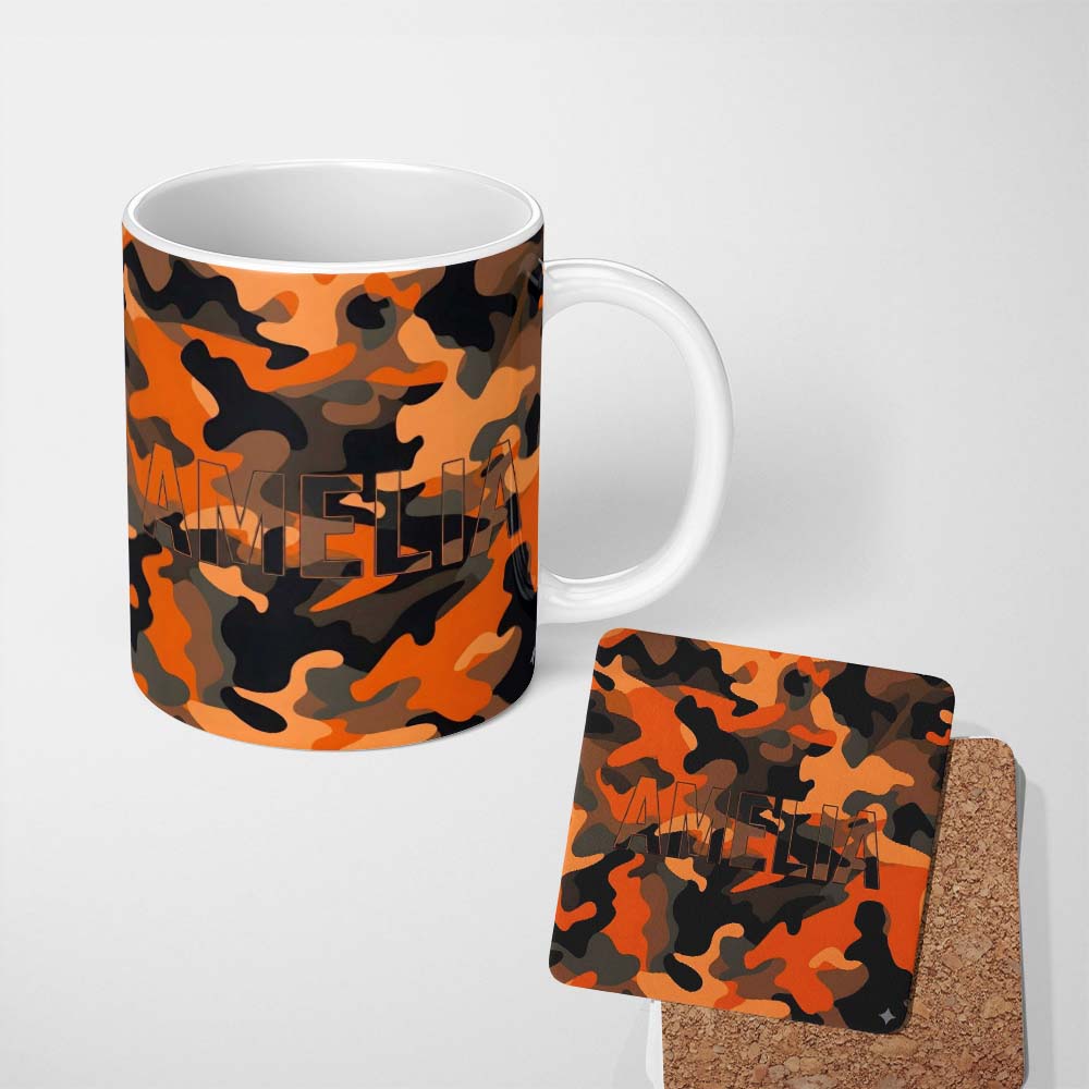 Personalized Custom Name Orange Black Urban Camouflage Bold Seamless Pattern Cute Unique Gift 11oz Ceramic Coffee Tea Mug White Large Handle