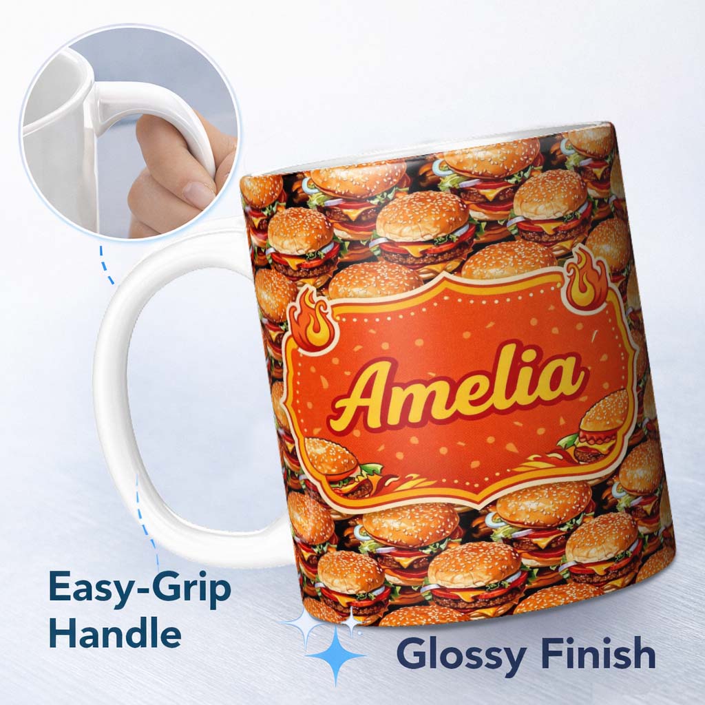 Personalized Custom Name Realistic Cheeseburger Seamless Pattern Fast Food Snack Design 11oz Ceramic Coffee Tea Mug White Large Handle