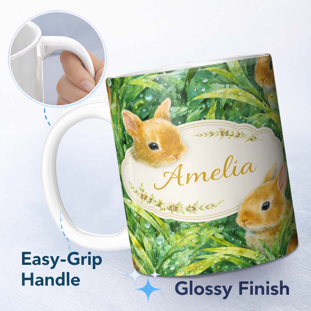 Personalized Custom Name Watercolor Bunny in Leaves Seamless Pattern Cute Animal Nature 11oz Ceramic Coffee Tea Mug White Large Handle