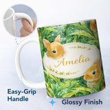 Personalized Custom Name Watercolor Bunny in Leaves Seamless Pattern Cute Animal Nature 11oz Ceramic Coffee Tea Mug White Large Handle