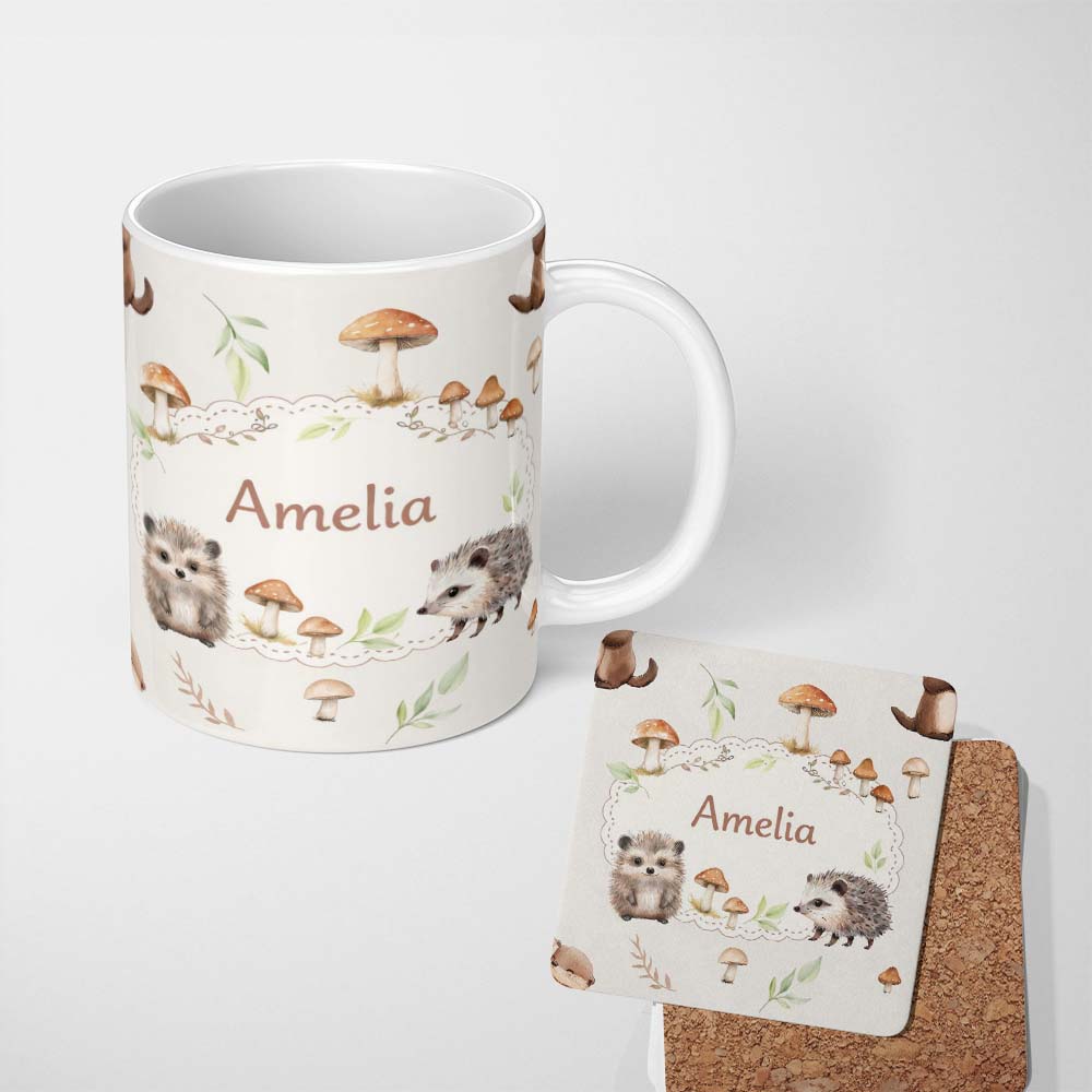Personalized Custom Name Cute Woodland Hedgehog Mushrooms Leaves Seamless Pattern Warm Beige 11oz Ceramic Coffee Tea Mug White Large Handle