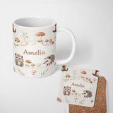 Personalized Custom Name Cute Woodland Hedgehog Mushrooms Leaves Seamless Pattern Warm Beige 11oz Ceramic Coffee Tea Mug White Large Handle