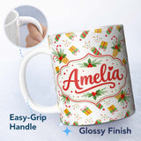 Personalized Custom Name Festive Ice Cream Cones Holly Candy Cane Christmas Cheer Seamless 11oz Ceramic Coffee Tea Mug White Large Handle