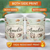 Personalized Custom Name Cute Woodland Hedgehog Mushrooms Leaves Seamless Pattern Dusty Pink 11oz Ceramic Coffee Tea Mug White Large Handle