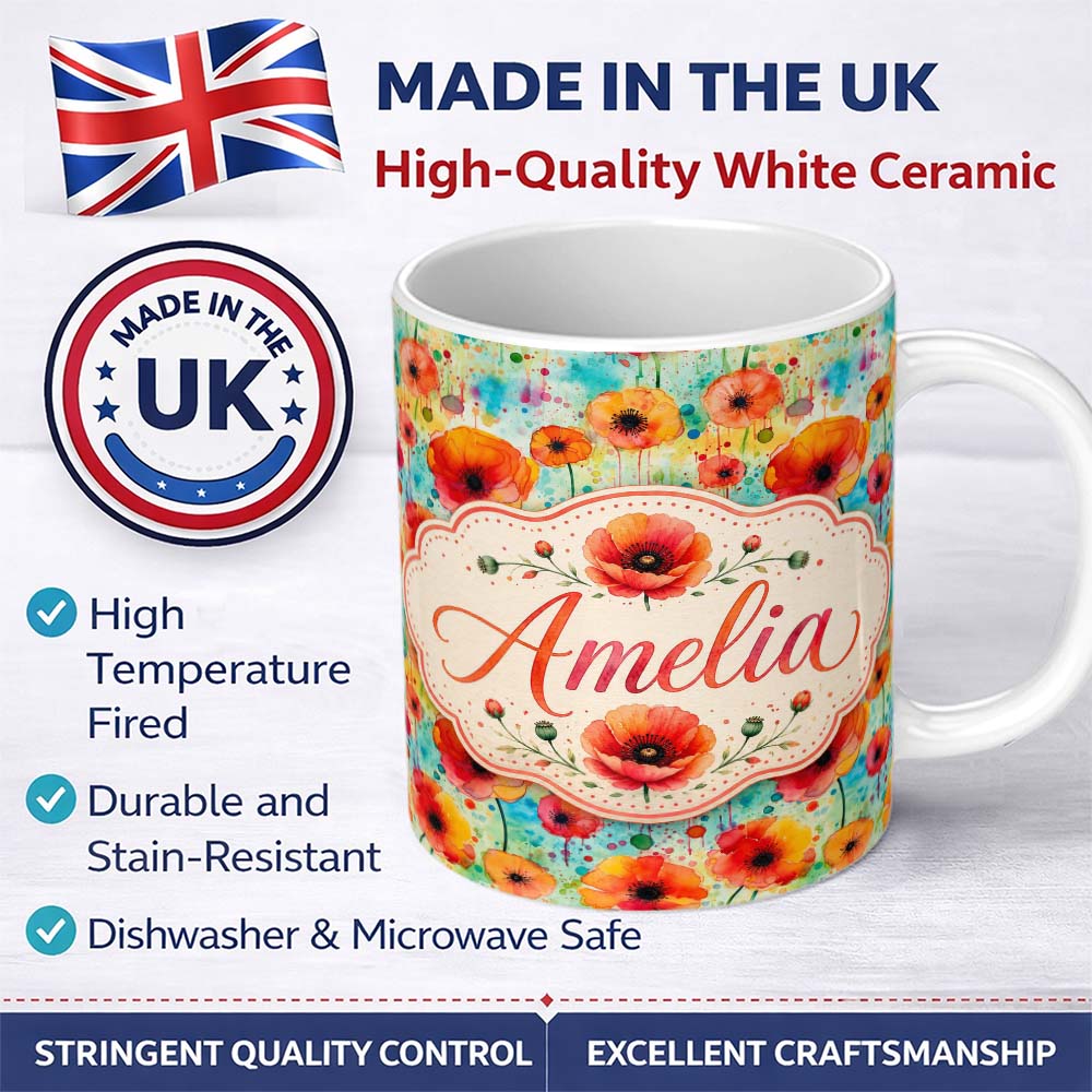 Personalized Custom Name Colorful Watercolor Poppy Garden Artistic Seamless Pattern Lovely 11oz Ceramic Coffee Tea Mug White Large Handle