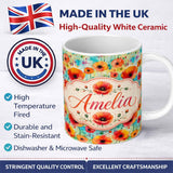 Personalized Custom Name Colorful Watercolor Poppy Garden Artistic Seamless Pattern Lovely 11oz Ceramic Coffee Tea Mug White Large Handle