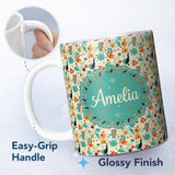 Personalized Custom Name Whimsical Abstract Birds and Shapes Teal Orange Mid Century Style 11oz Ceramic Coffee Tea Mug White Large Handle