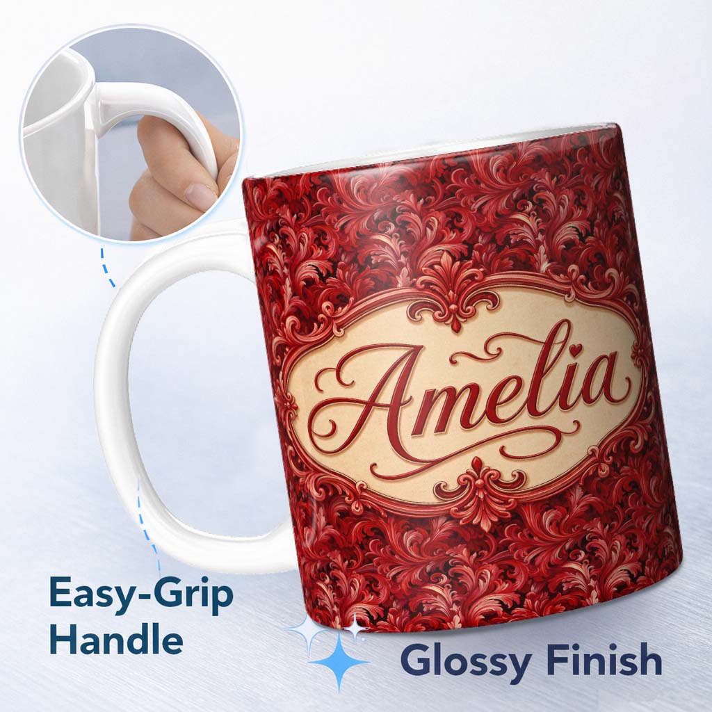 Personalized Custom Name Luxury Deep Red Ornamental Damask Pattern Seamless Pattern Lovely 11oz Ceramic Coffee Tea Mug White Large Handle