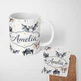 Personalized Custom Name Cute Watercolor Bats and Stars Seamless Pattern Warm Sand Background 11oz Ceramic Coffee Tea Mug White Large Handle