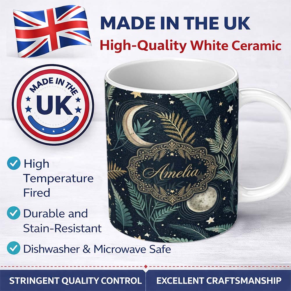 Personalized Custom Name Botanical Moon Leaves Stars Night Sky Seamless Pattern Lovely 11oz Ceramic Coffee Tea Mug White Large Handle