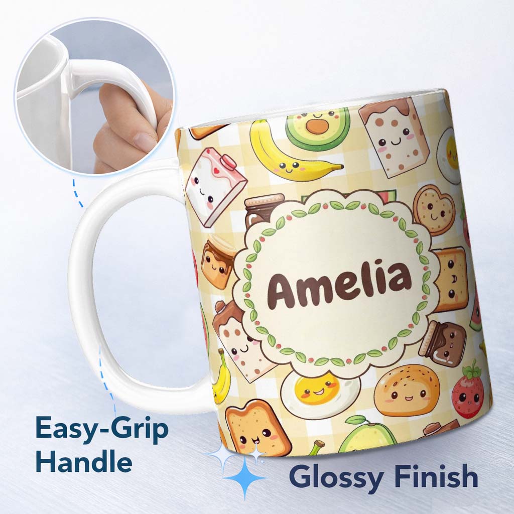 Personalized Custom Name Cute Kawaii Breakfast Food Seamless Pattern Yellow Gingham Lovely 11oz Ceramic Coffee Tea Mug White Large Handle