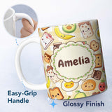 Personalized Custom Name Cute Kawaii Breakfast Food Seamless Pattern Yellow Gingham Lovely 11oz Ceramic Coffee Tea Mug White Large Handle