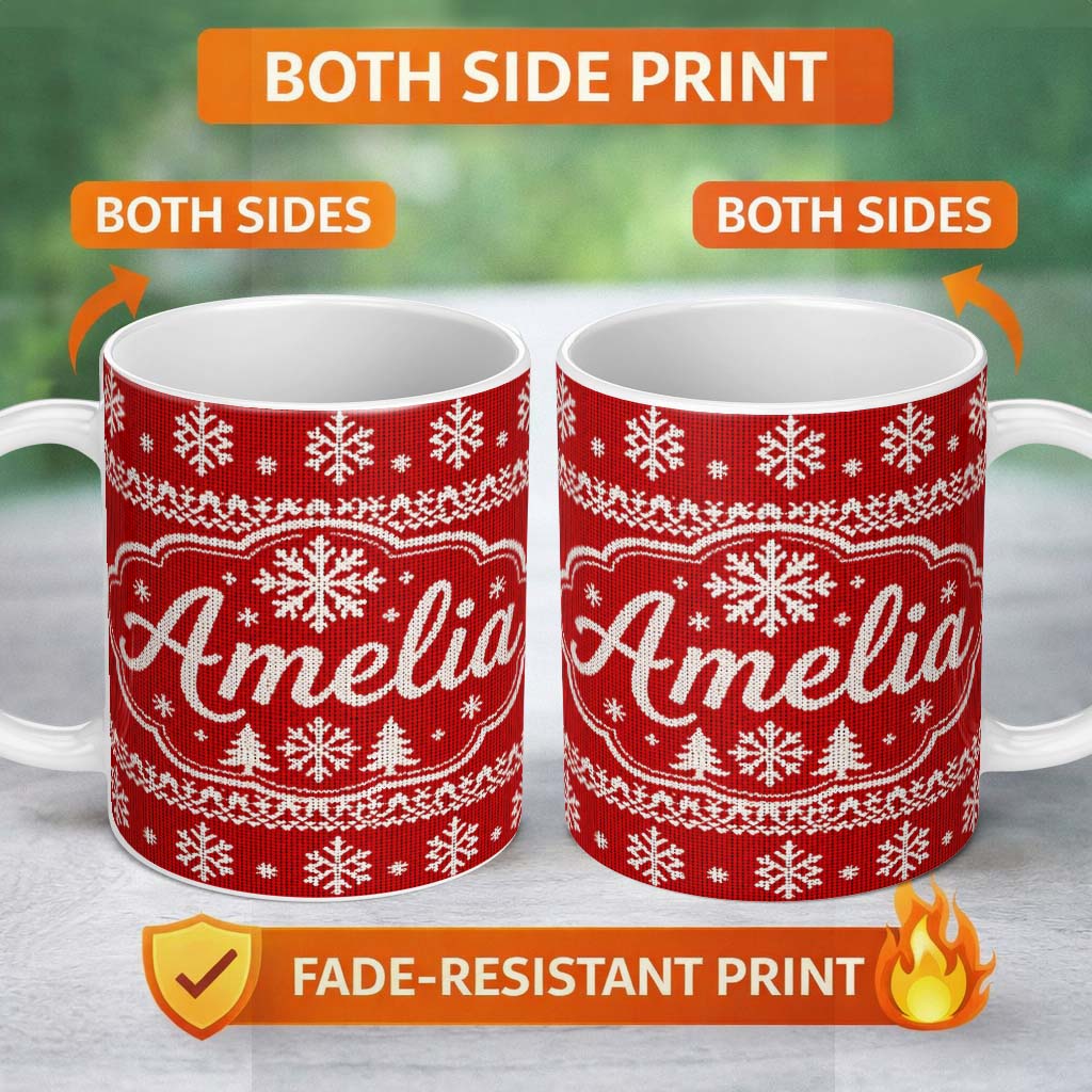 Personalized Custom Name Knitted Red Christmas Snowflake Tree Seamless Pattern Lovely 11oz Ceramic Coffee Tea Mug White Large Handle