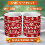 Personalized Custom Name Knitted Red Christmas Snowflake Tree Seamless Pattern Lovely 11oz Ceramic Coffee Tea Mug White Large Handle