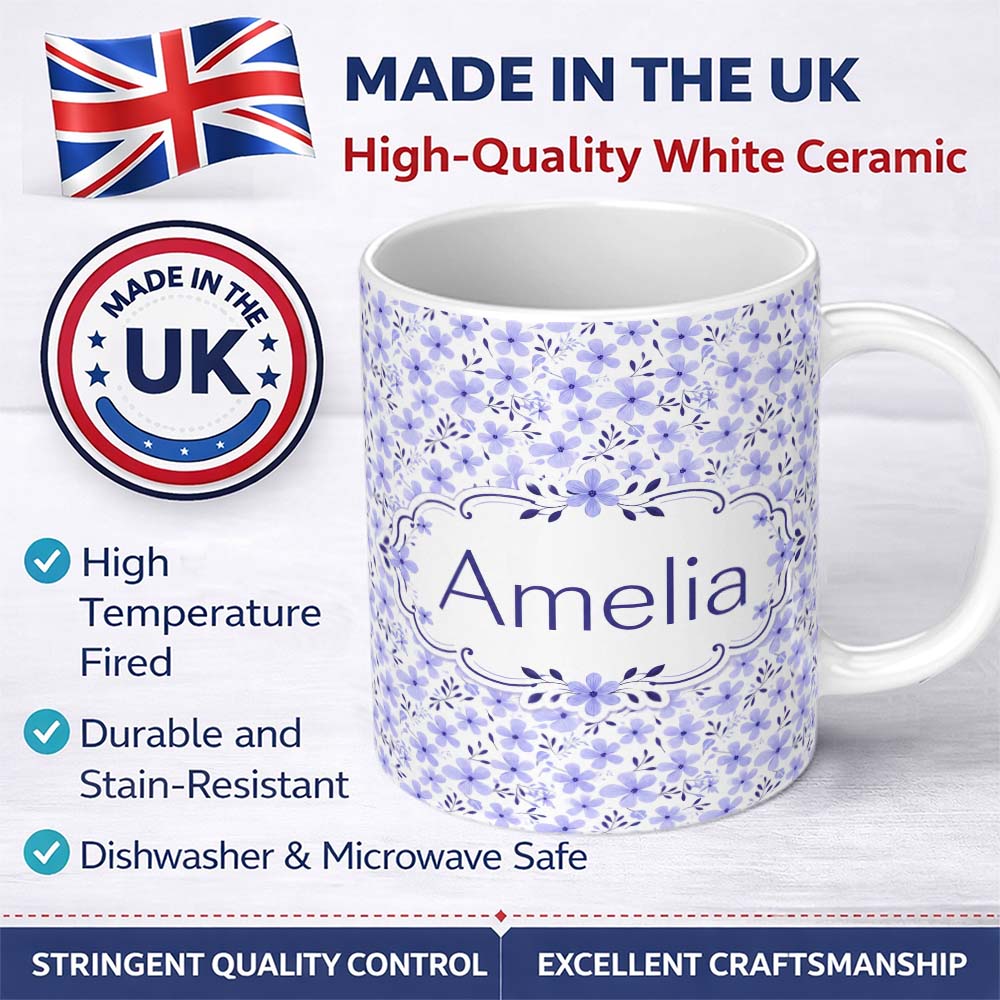 Personalized Custom Name Purple Floral Meadow Seamless Pattern Simple Botanical Repeat Design 11oz Ceramic Coffee Tea Mug White Large Handle