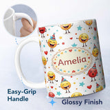 Personalized Custom Name Cute Happy Emoji Faces Party Hats Celebration Seamless Pattern 11oz Ceramic Coffee Tea Mug White Large Handle