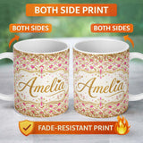 Personalized Custom Name Pink Gold Chevron Glitter Dot Seamless Pattern Design Chic Modern 11oz Ceramic Coffee Tea Mug White Large Handle