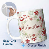 Personalized Custom Name Classic Red Green Snowflake Holiday Seamless Pattern Lovely 11oz Ceramic Coffee Tea Mug White Large Handle