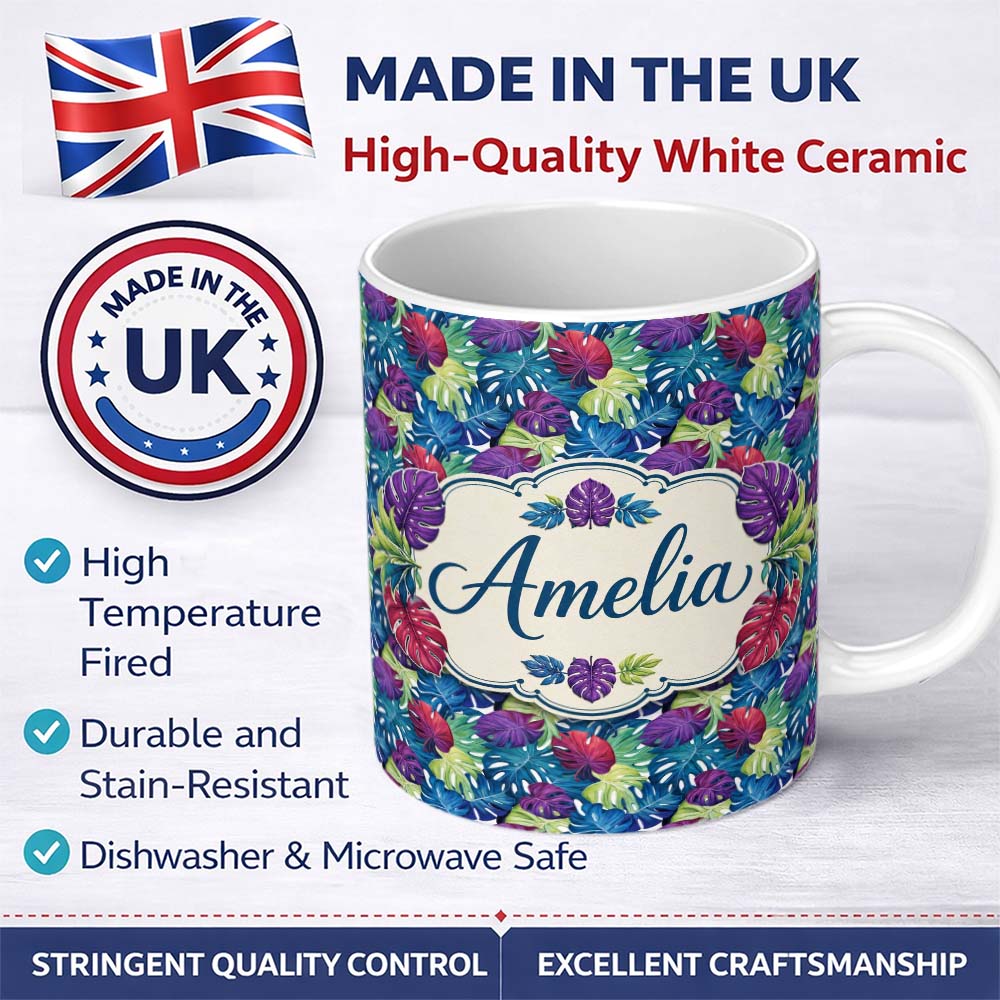 Personalized Custom Name Vibrant Tropical Monstera Leaves in Bold Multicolor Seamless Pattern 11oz Ceramic Coffee Tea Mug White Large Handle