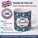 Personalized Custom Name Vibrant Tropical Monstera Leaves in Bold Multicolor Seamless Pattern 11oz Ceramic Coffee Tea Mug White Large Handle