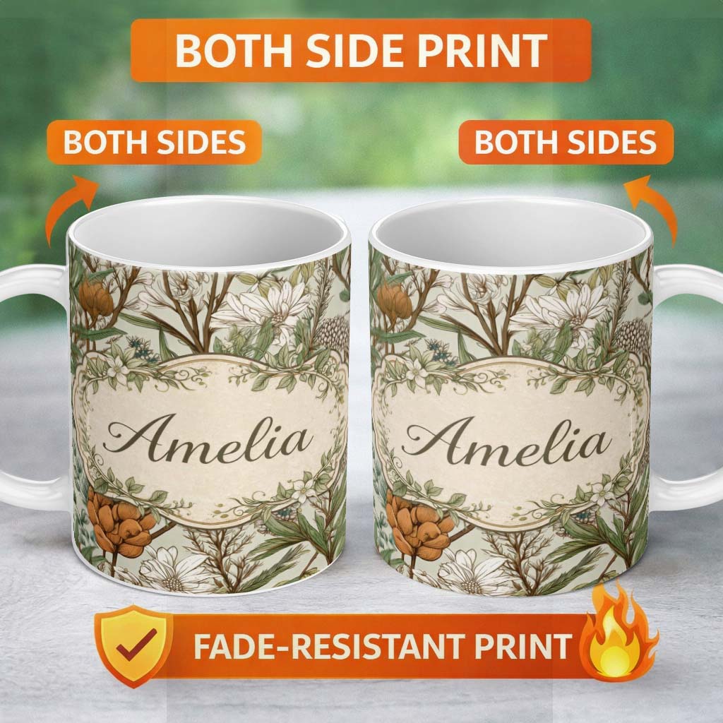 Personalized Custom Name Botanical Garden Floral Pattern Natural Tones Beautiful Coffee Cup 11oz Ceramic Coffee Tea Mug White Large Handle