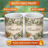 Personalized Custom Name Botanical Garden Floral Pattern Natural Tones Beautiful Coffee Cup 11oz Ceramic Coffee Tea Mug White Large Handle