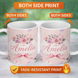 Personalized Custom Name Elegant Watercolor Rose Bouquet Ribbon Butterfly Pink Background 11oz Ceramic Coffee Tea Mug White Large Handle