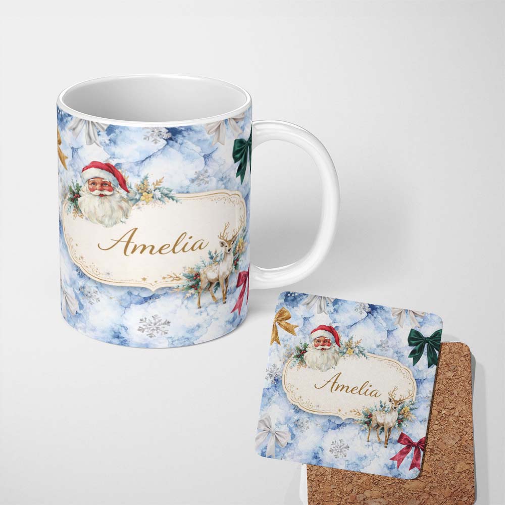 Personalized Custom Name Christmas Santa Reindeer Snowflake Bow Festive Seamless Pattern 11oz Ceramic Coffee Tea Mug White Large Handle