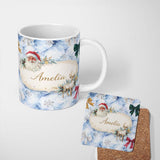Personalized Custom Name Christmas Santa Reindeer Snowflake Bow Festive Seamless Pattern 11oz Ceramic Coffee Tea Mug White Large Handle