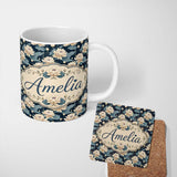 Personalized Custom Name Cream Lotus Flowers on Deep Navy Background with Decorative Leaves 11oz Ceramic Coffee Tea Mug White Large Handle