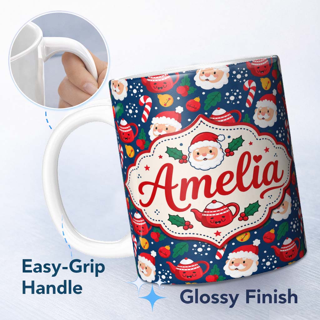 Personalized Custom Name Cute Santa Teapot Candy Cane Holly Seamless Pattern Festive Holiday 11oz Ceramic Coffee Tea Mug White Large Handle