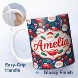 Personalized Custom Name Cute Santa Teapot Candy Cane Holly Seamless Pattern Festive Holiday 11oz Ceramic Coffee Tea Mug White Large Handle