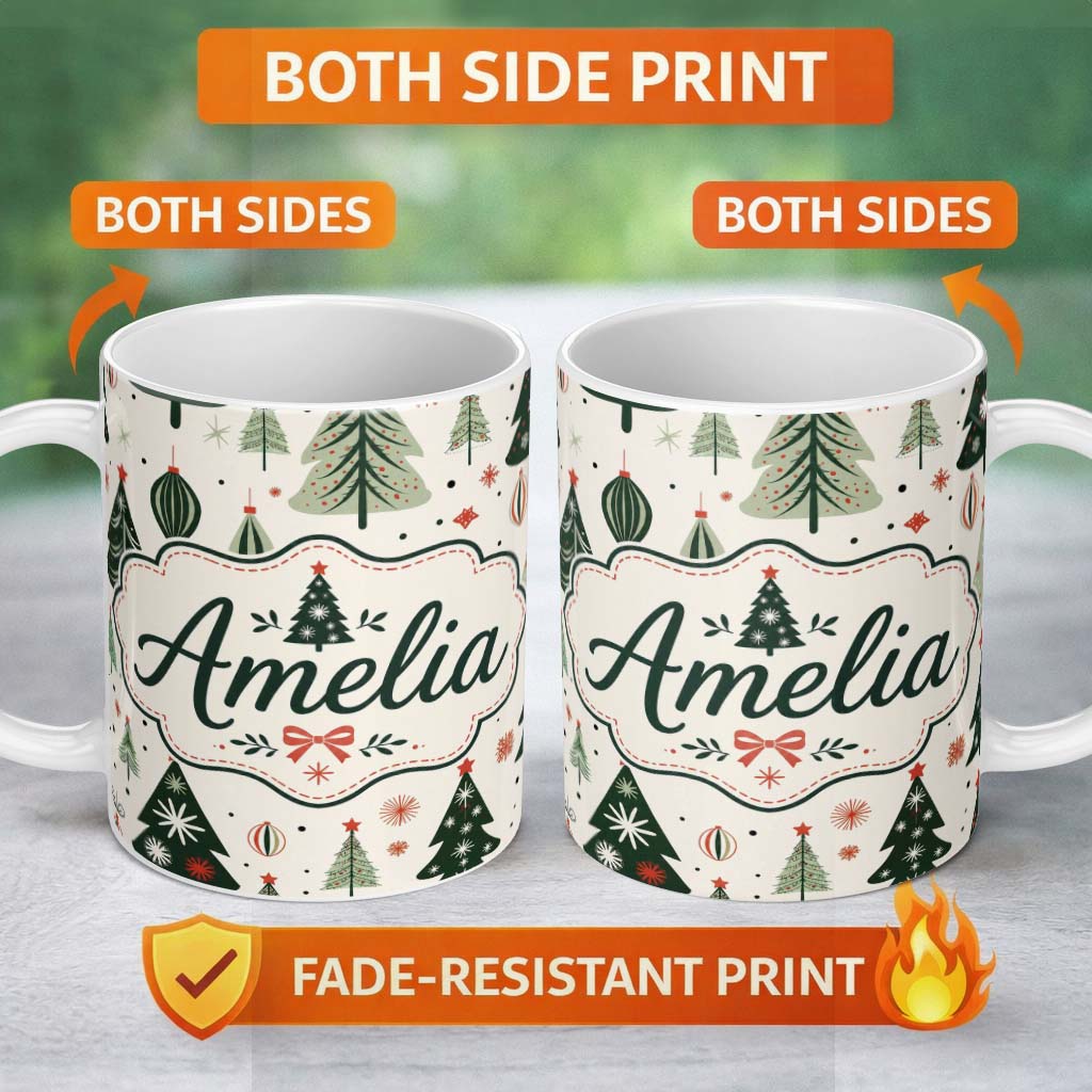 Personalized Custom Name Vintage Style Christmas Trees Ornaments Snowflakes Festive Seamless 11oz Ceramic Coffee Tea Mug White Large Handle