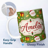 Personalized Custom Name Cute Santa Face Gift Drum Gingerbread Seamless Pattern Festive Xmas 11oz Ceramic Coffee Tea Mug White Large Handle