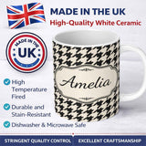 Personalized Custom Name Classic Houndstooth Black Cream Timeless Pattern Cute Unique Gift 11oz Ceramic Coffee Tea Mug White Large Handle