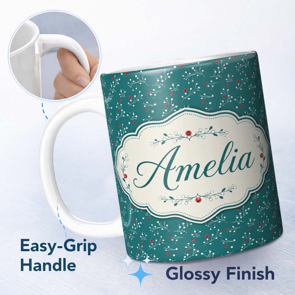 Personalized Custom Name Modern Teal Background Red and White Berry Branch Pattern Lovely 11oz Ceramic Coffee Tea Mug White Large Handle