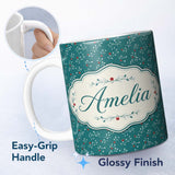 Personalized Custom Name Modern Teal Background Red and White Berry Branch Pattern Lovely 11oz Ceramic Coffee Tea Mug White Large Handle