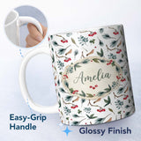 Personalized Custom Name Winter Botanical Pine Branch Berry Nature Seamless Pattern Lovely 11oz Ceramic Coffee Tea Mug White Large Handle