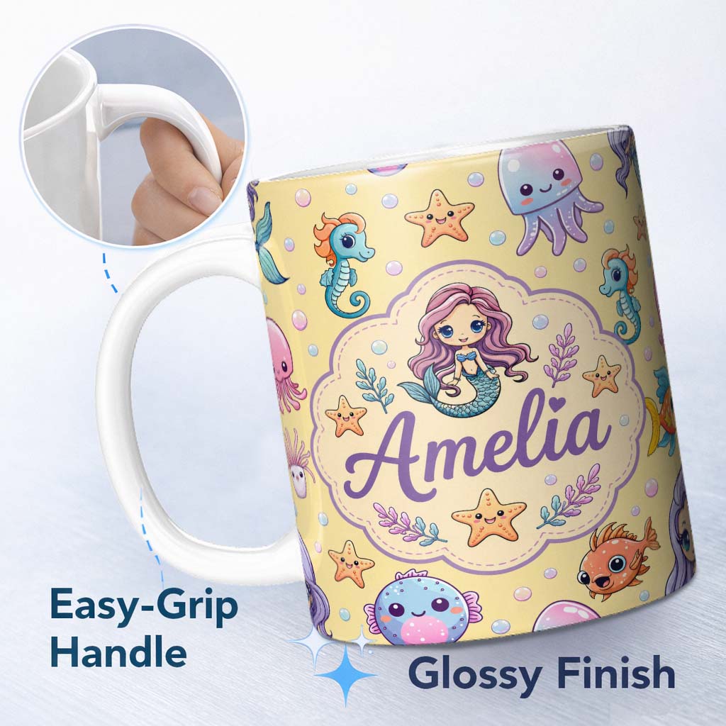 Personalized Custom Name Kawaii Mermaid and Sea Creatures Ocean Warm Beige Background Lovely 11oz Ceramic Coffee Tea Mug White Large Handle
