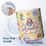 Personalized Custom Name Kawaii Mermaid and Sea Creatures Ocean Warm Beige Background Lovely 11oz Ceramic Coffee Tea Mug White Large Handle