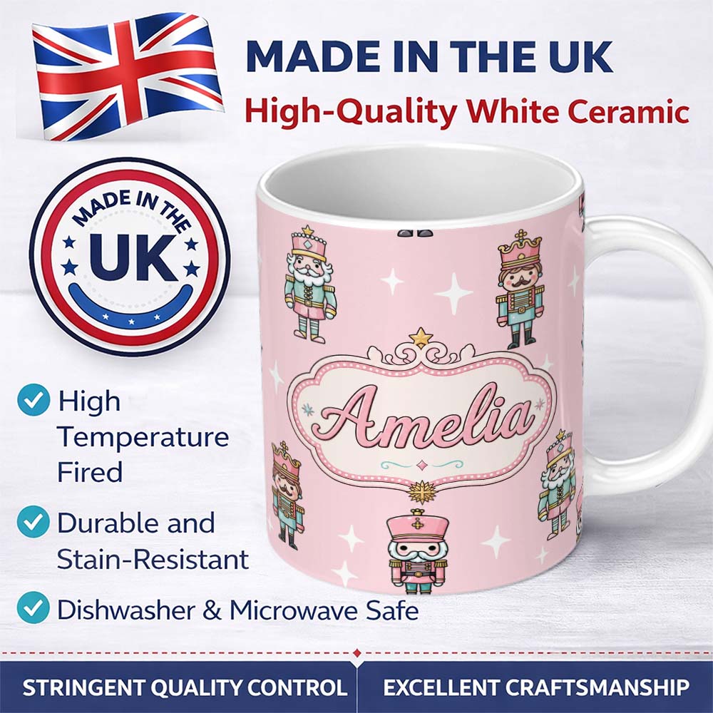 Personalized Custom Name Cute Nutcracker Soldiers Christmas Toy Characters Pattern Soft Pink 11oz Ceramic Coffee Tea Mug White Large Handle